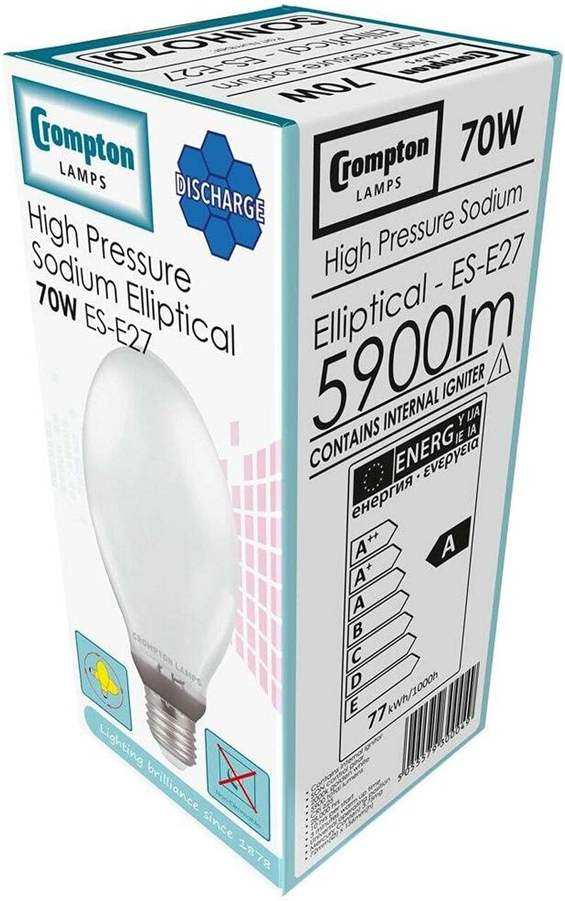 Crompton Lamps HID Internal Ignitor Elliptical 70W ES-E27 Son-E 2000K Orange-Amber Diffused 5900lm ES Screw E27 Metal Halide Light Bulb