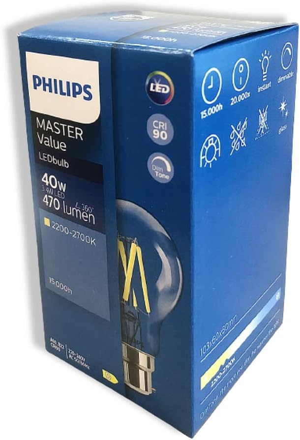 PHILIPS Master Value LED 3.4W (40W) A60 Glass Bulb, B22 Bayonet Cap, Dim Tone, Warm White, Clear Globe, UK