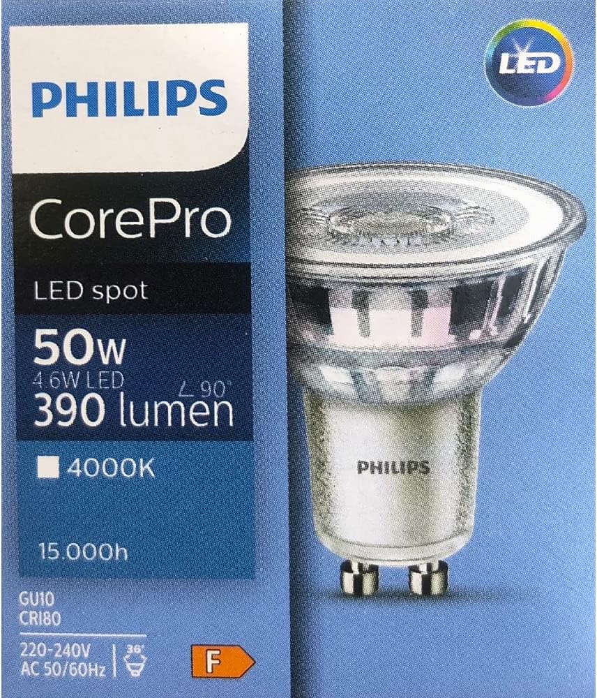 PHILIPS Pack of 10 x Corepro LED 4.6W (50W) GU10, Bulb, 4000K Cool White, 36 Degree, Non Dimmable, UK [Energy Class F]